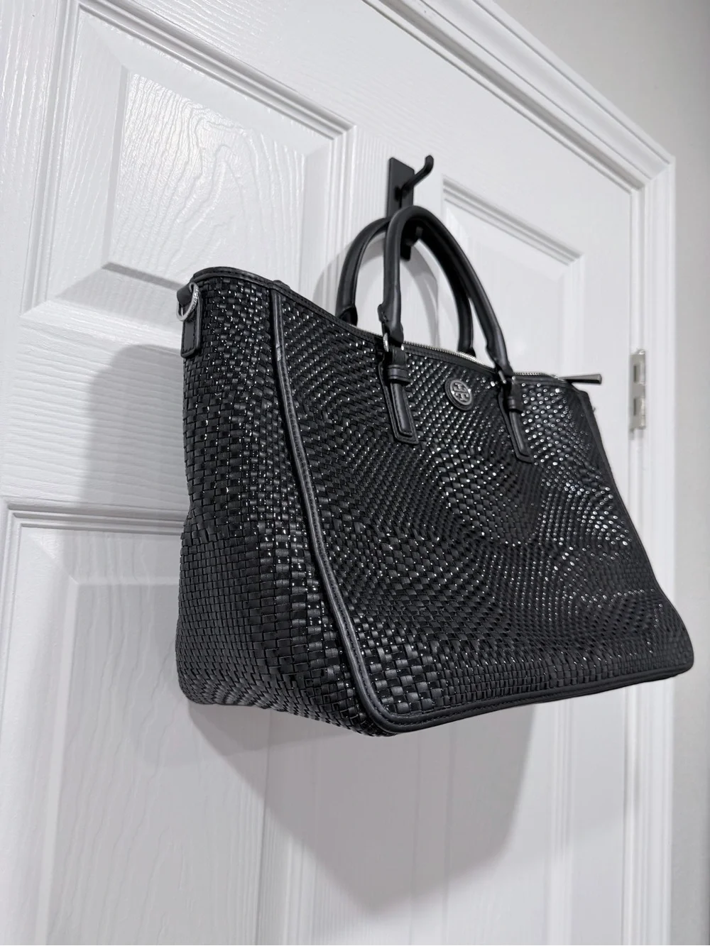 Tory Burch Robinson Black Woven Leather Top-Handle Satchel